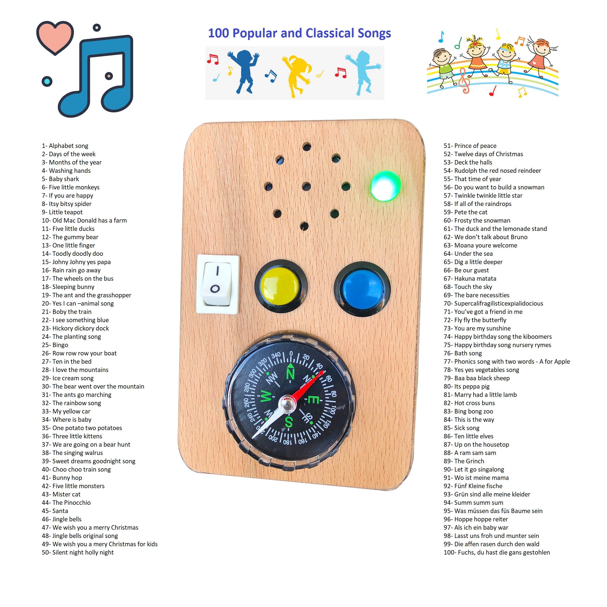 Handmade Wooden Jukebox: Toddler Music Player with 100 Kids Songs | Gift for Christmas