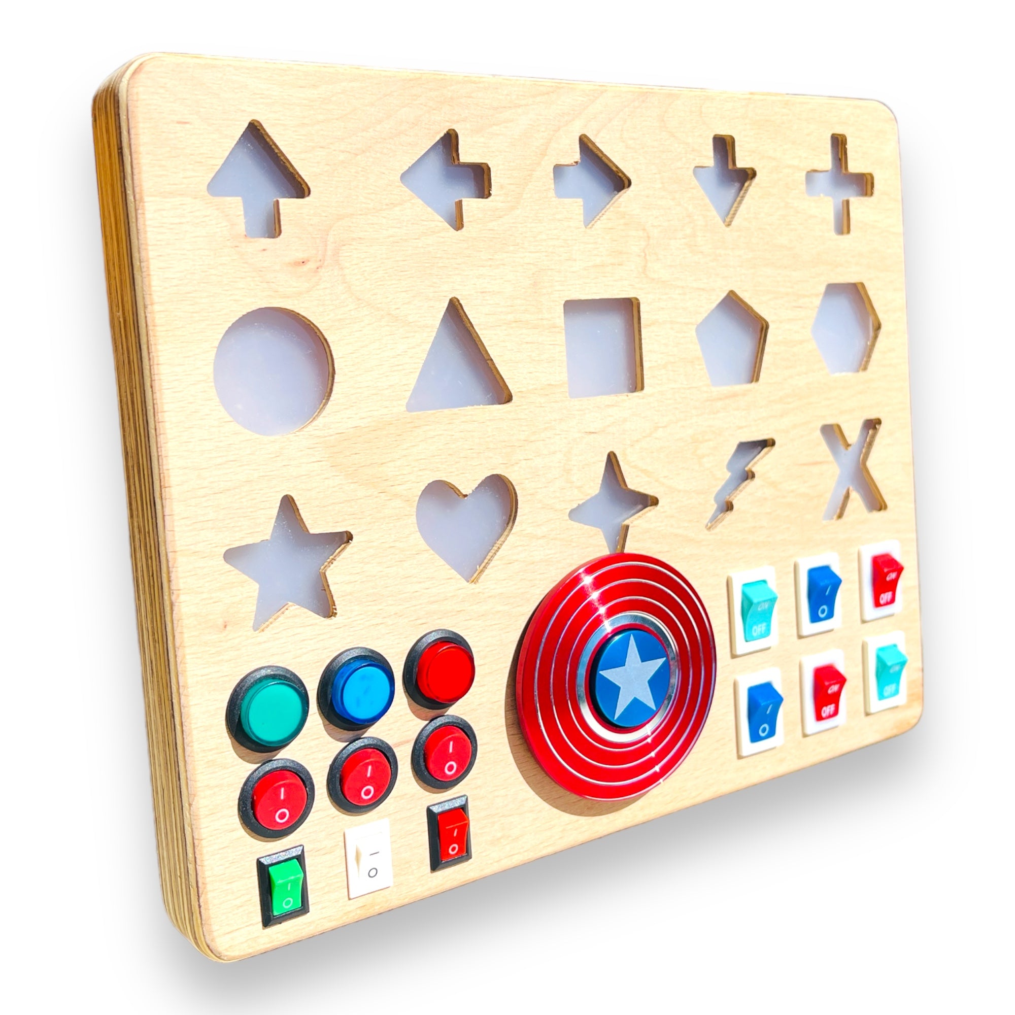 Shapeo Handmade Toddler Busyboard -  Directions and Geometric Signs