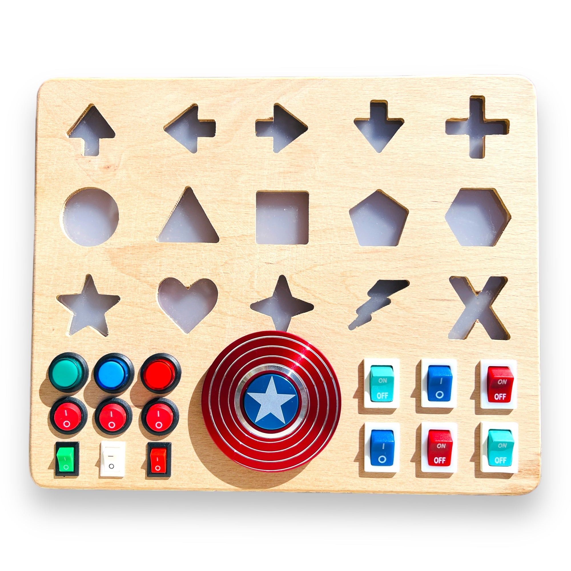 Shapeo Handmade Toddler Busyboard -  Directions and Geometric Signs