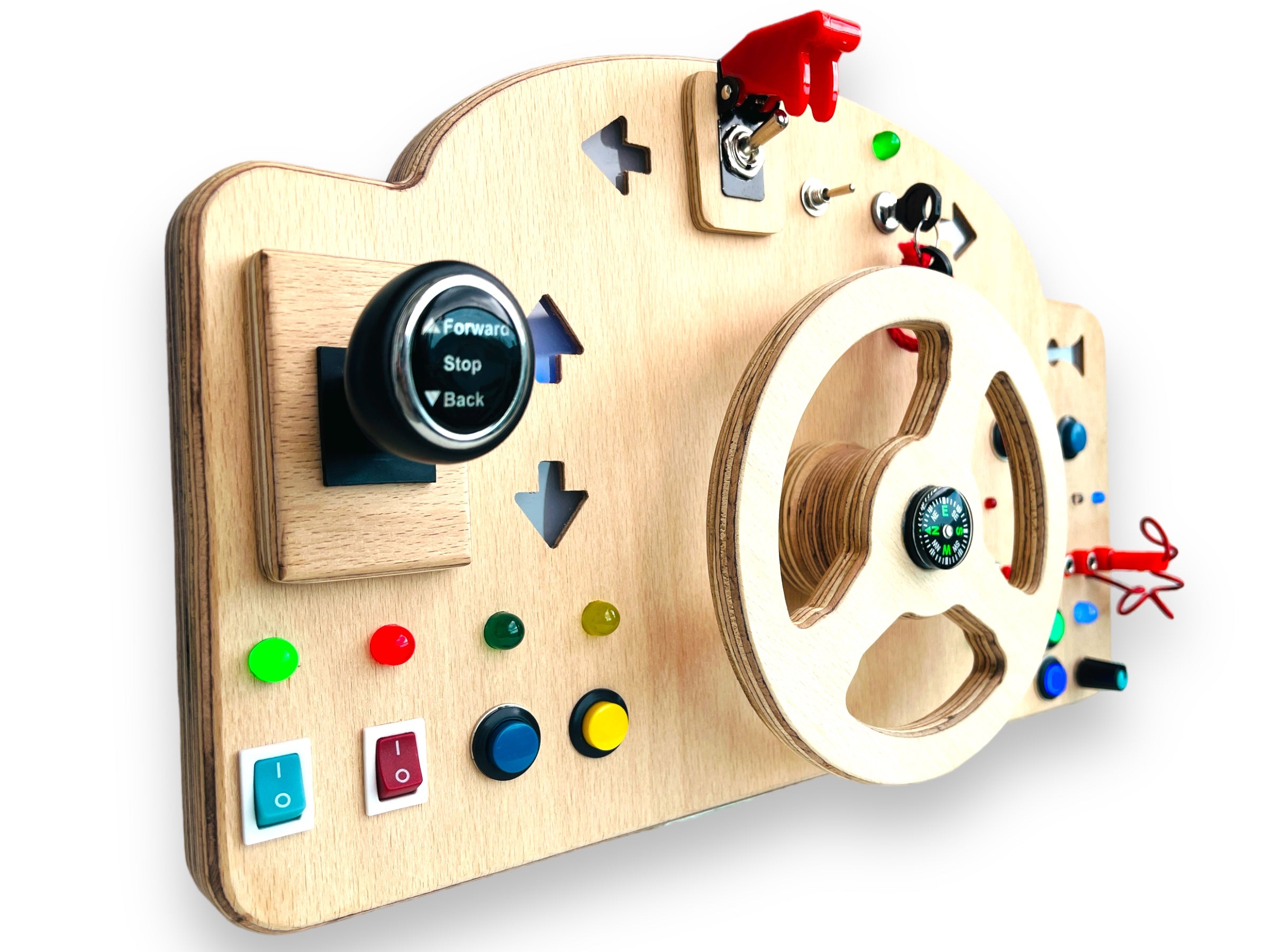 Wooden Car Simulator Busyboard with Steering Wheel Signal Lights Honk and Gear Lever