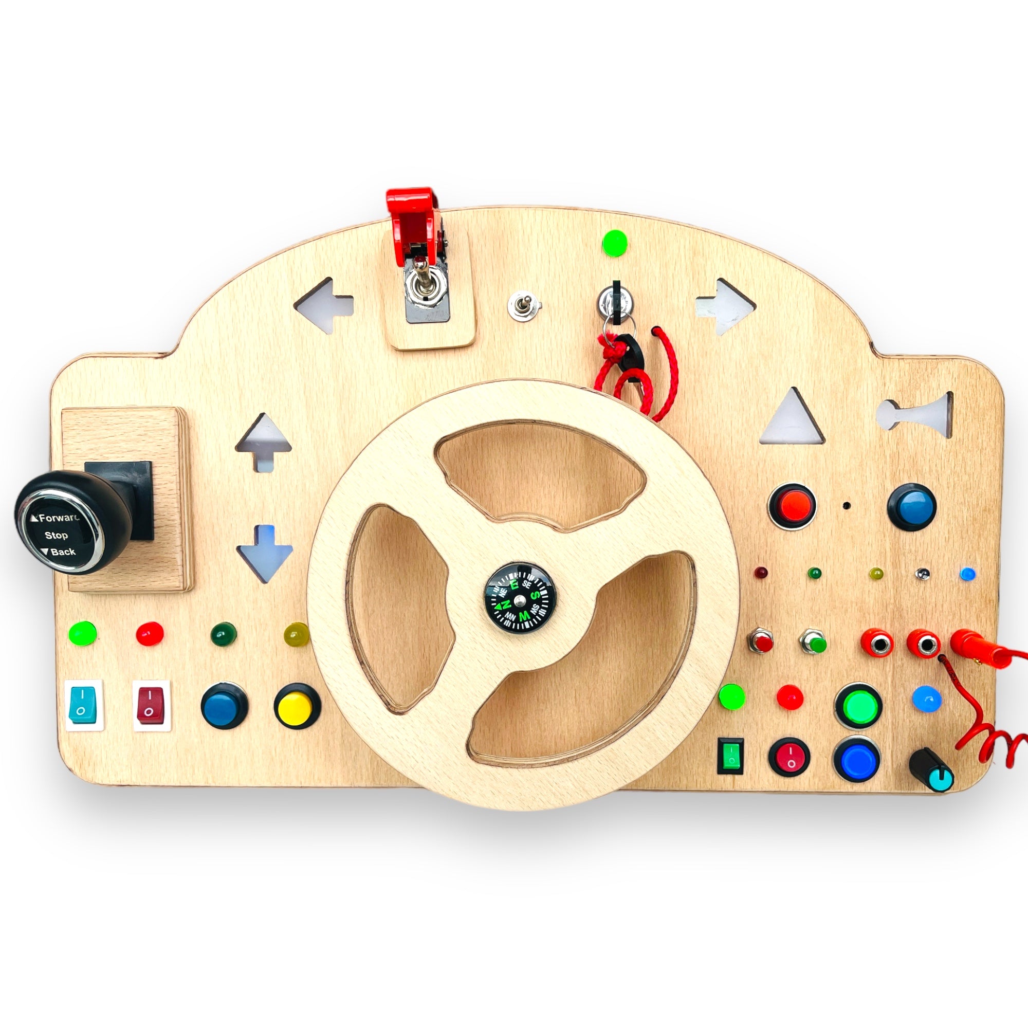Wooden Car Simulator Busyboard with Steering Wheel Signal Lights Honk and Gear Lever