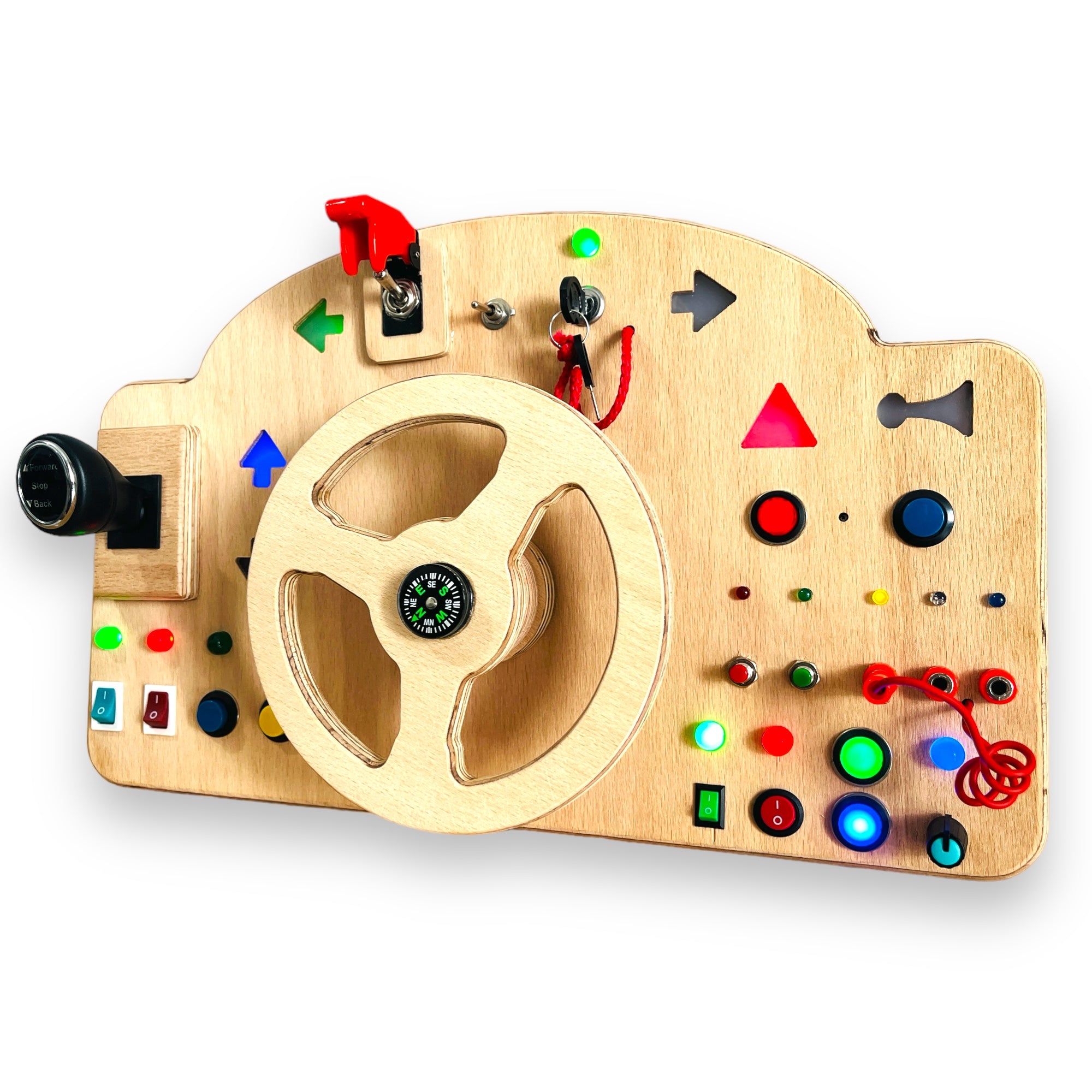 Wooden Car Simulator Busyboard with Steering Wheel Signal Lights Honk and Gear Lever