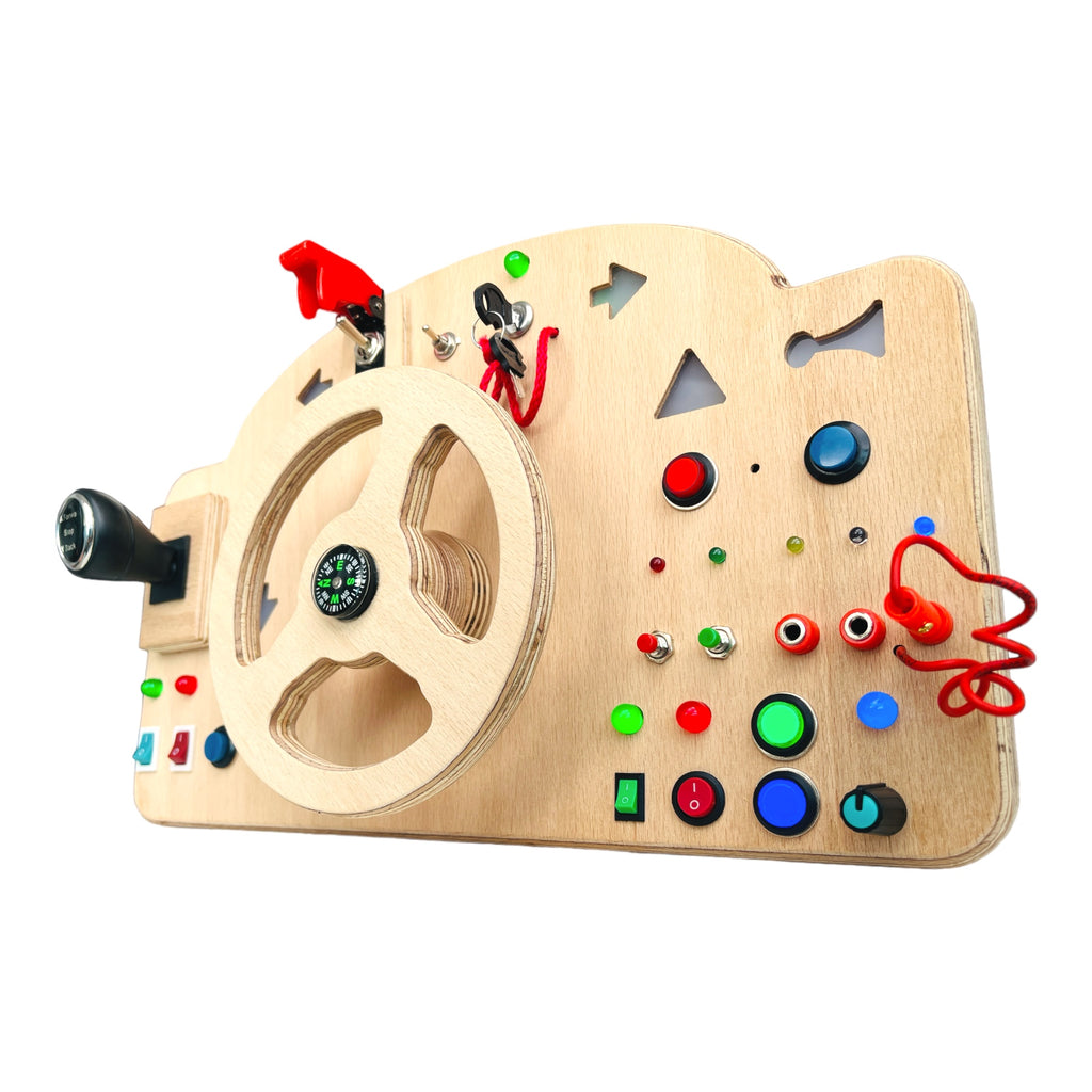 Wooden Car Simulator Busyboard with Steering Wheel Signal Lights Honk and Gear Lever