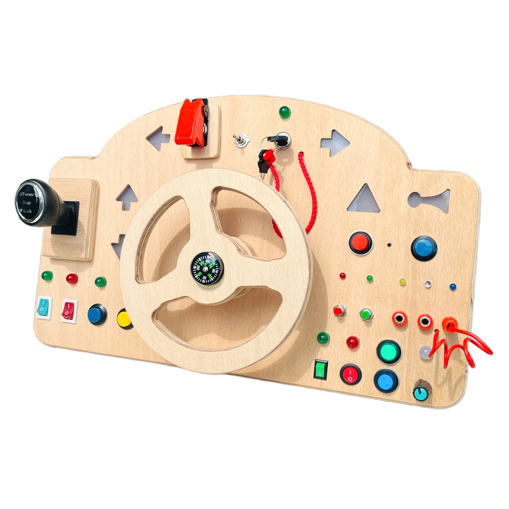 Wooden Car Simulator Busyboard with Steering Wheel Signal Lights Honk and Gear Lever