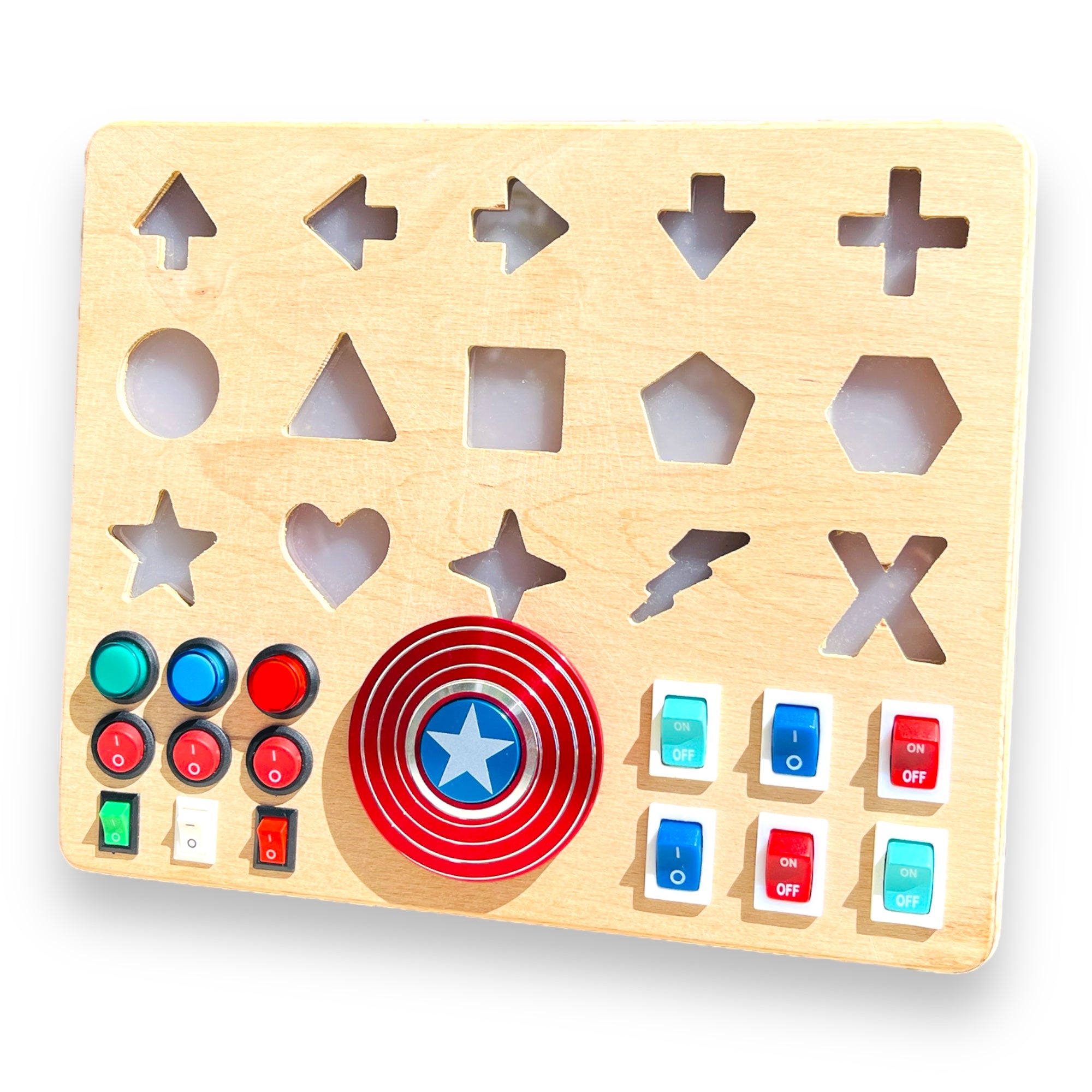 Shapeo Handmade Toddler Busyboard -  Directions and Geometric Signs
