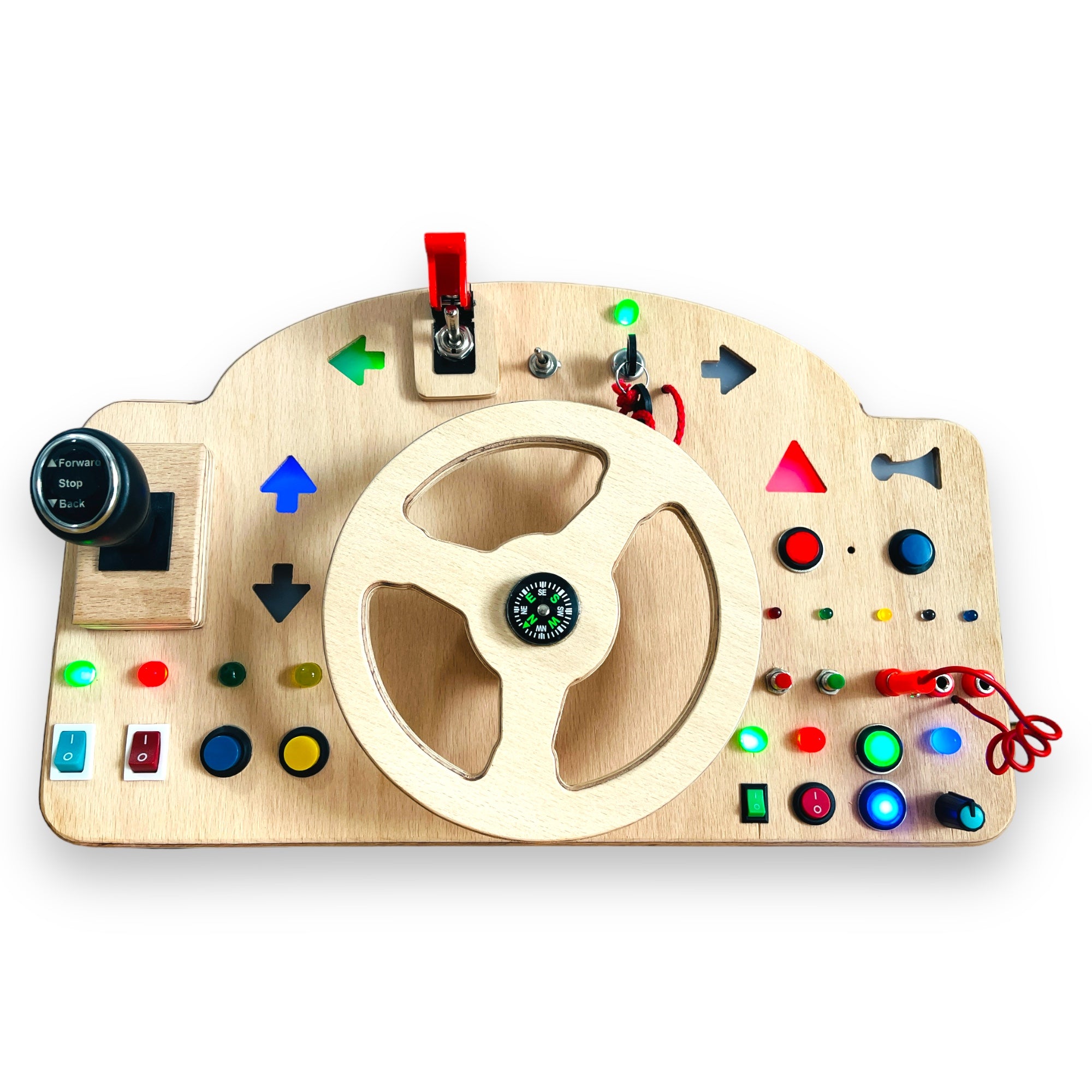 Wooden Car Simulator Busyboard with Steering Wheel Signal Lights Honk and Gear Lever
