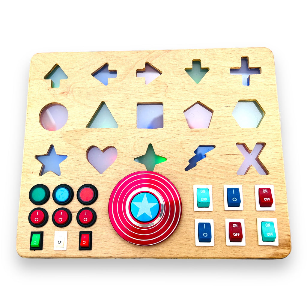 Shapeo Handmade Toddler Busyboard -  Directions and Geometric Signs
