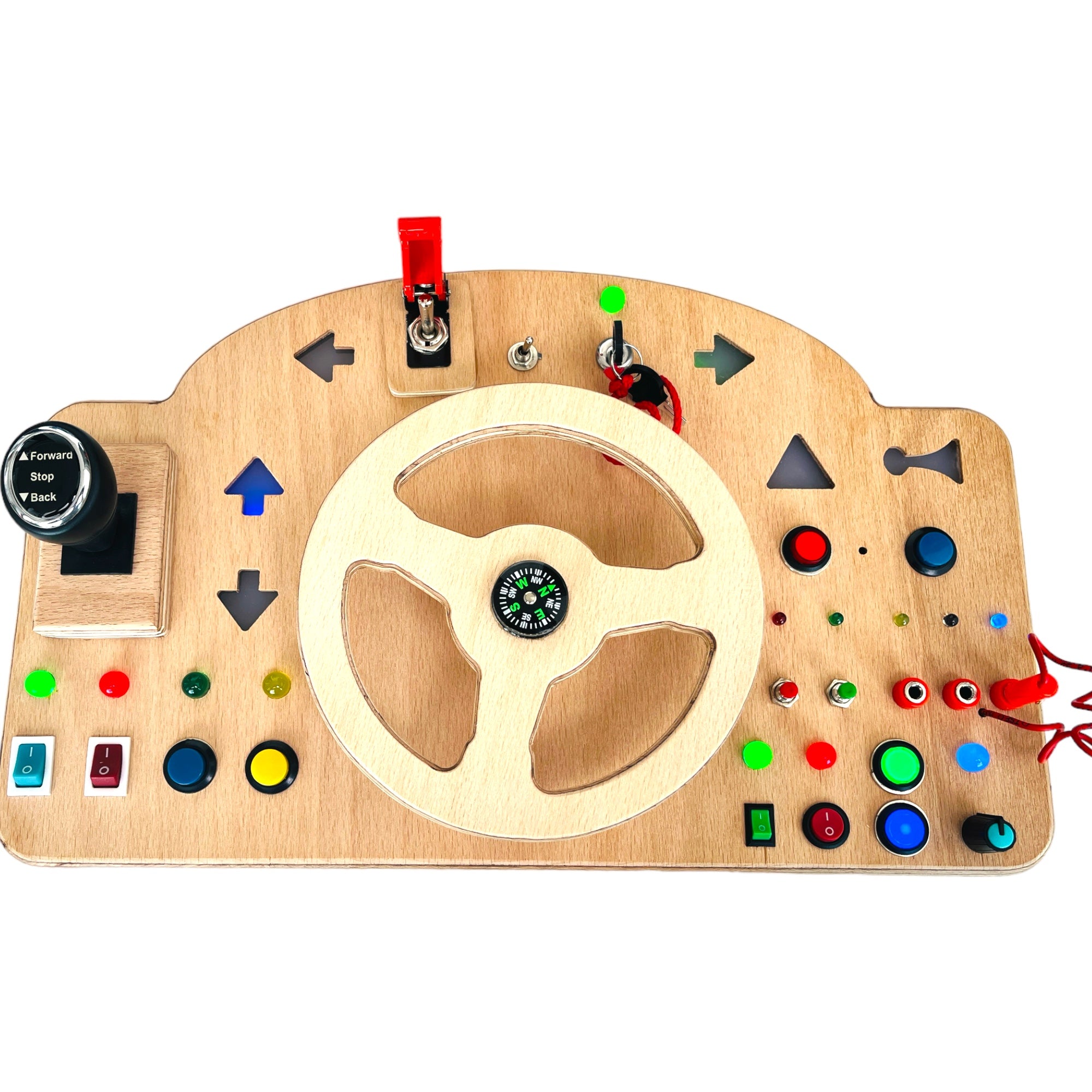 Wooden Car Simulator Busyboard with Steering Wheel Signal Lights Honk and Gear Lever