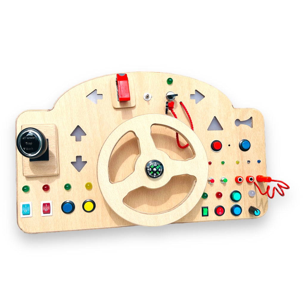 Wooden Car Simulator Busyboard with Steering Wheel Signal Lights Honk and Gear Lever