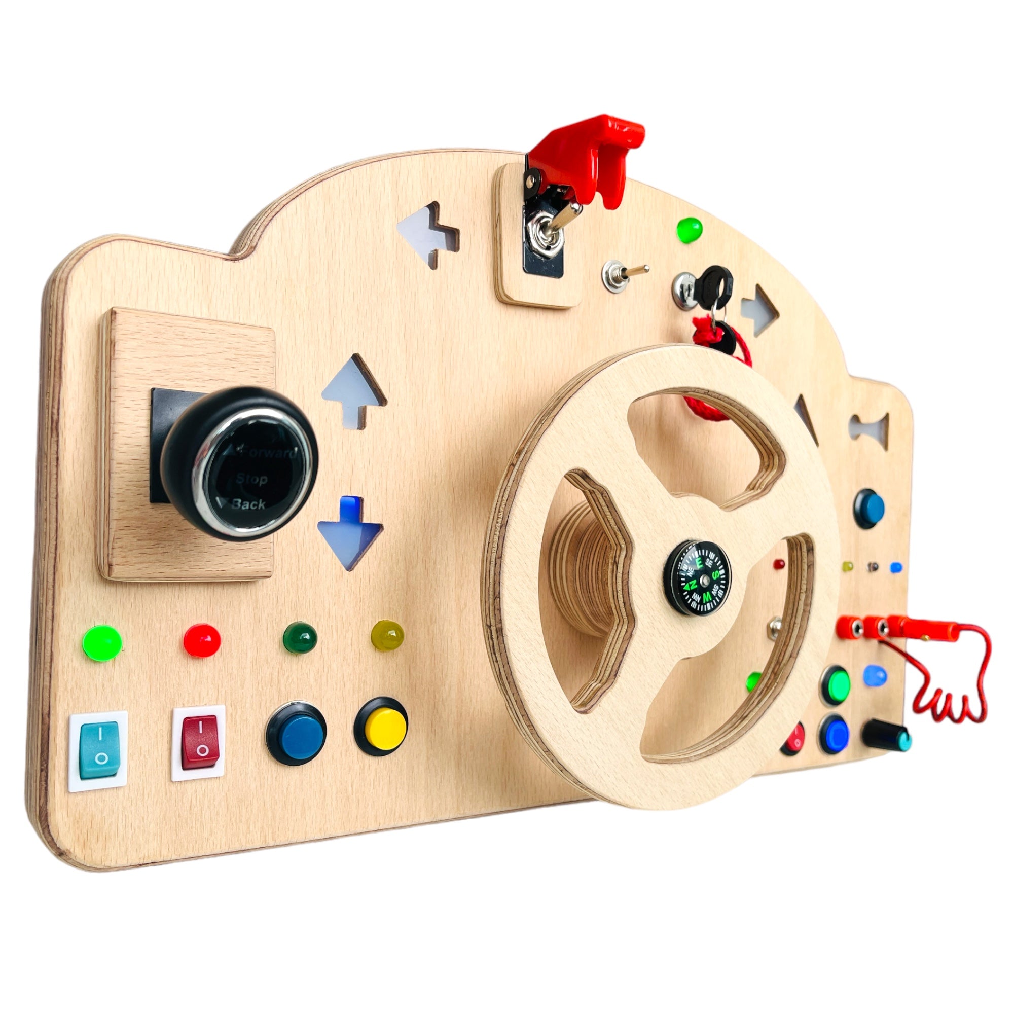Wooden Car Simulator Busyboard with Steering Wheel Signal Lights Honk and Gear Lever