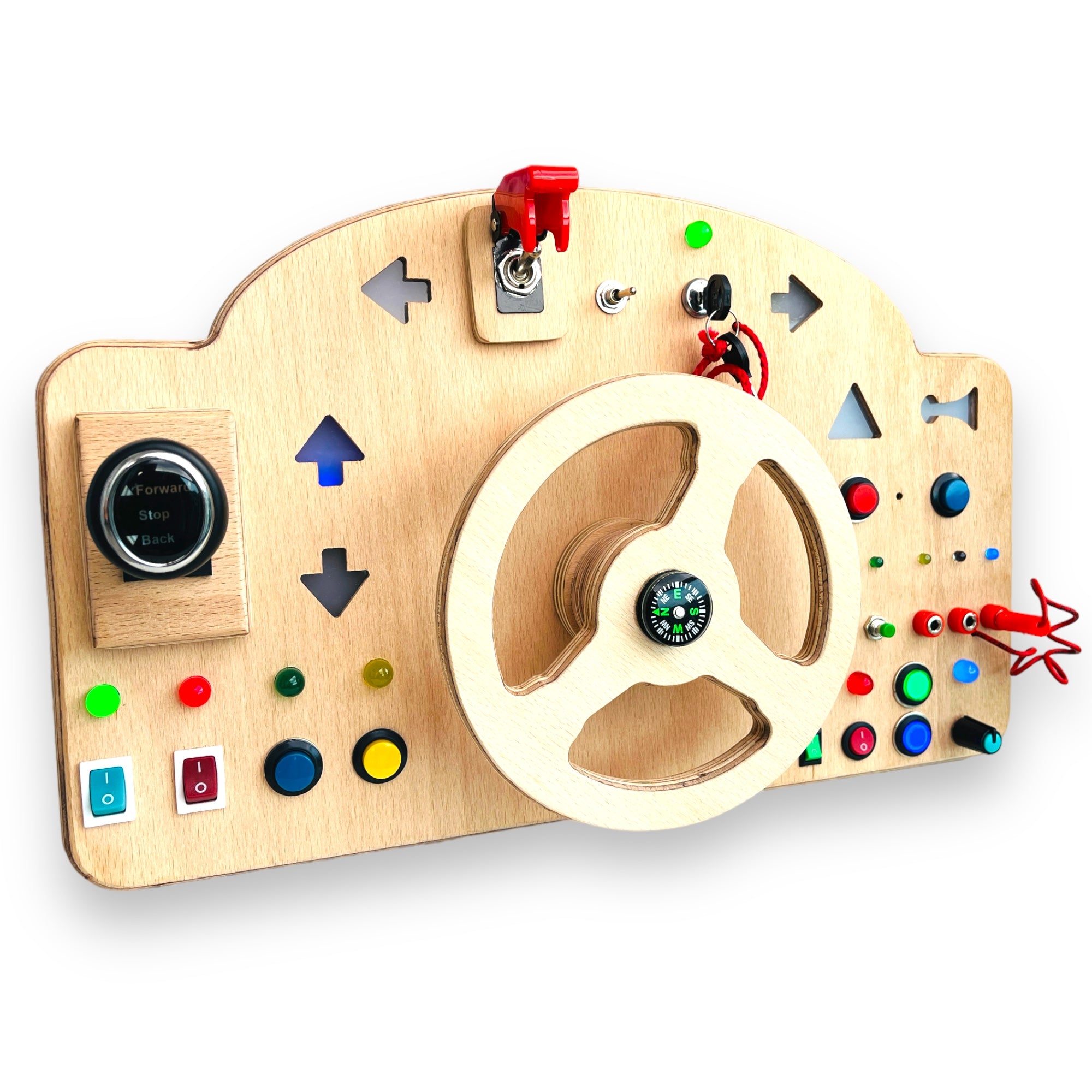 Wooden Car Simulator Busyboard with Steering Wheel Signal Lights Honk and Gear Lever