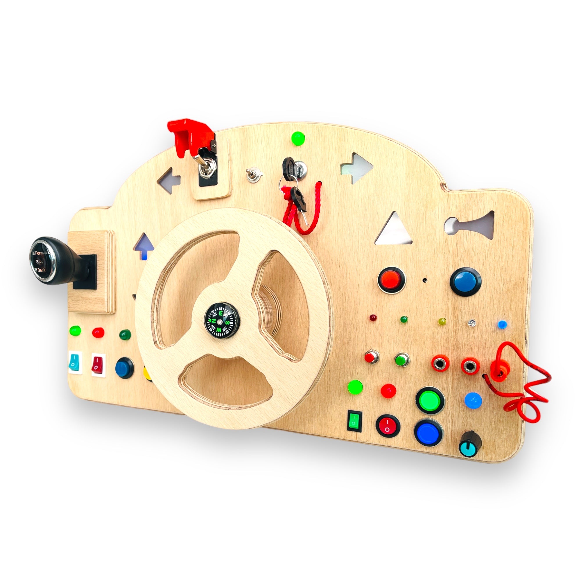 Wooden Car Simulator Busyboard with Steering Wheel Signal Lights Honk and Gear Lever