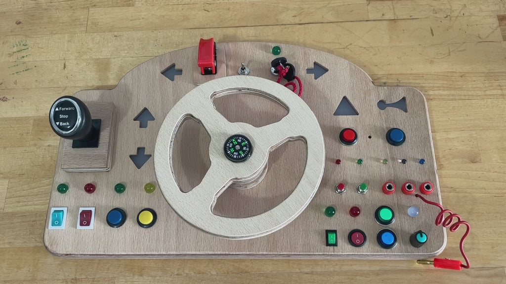 Wooden Car Simulator Busyboard with Steering Wheel Signal Lights Honk and Gear Lever