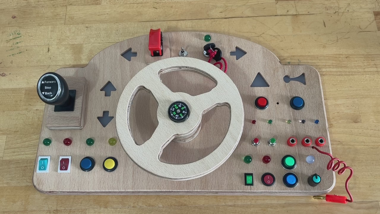 Wooden Car Simulator Busyboard with Steering Wheel Signal Lights Honk and Gear Lever
